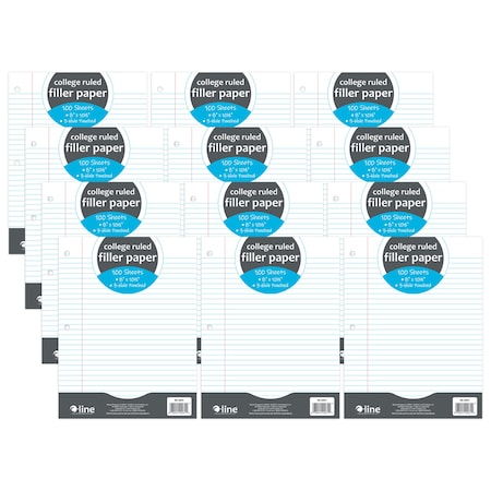 C-Line Products Filler Paper, College Ruled, 8in. x 10-1/2in., White, 100 Sheets Per Pack, 12 Packs, 1200PK 22031